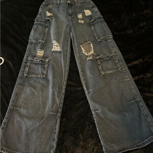 Girl’s Distressed Wide-Leg Denim Cargo Pants